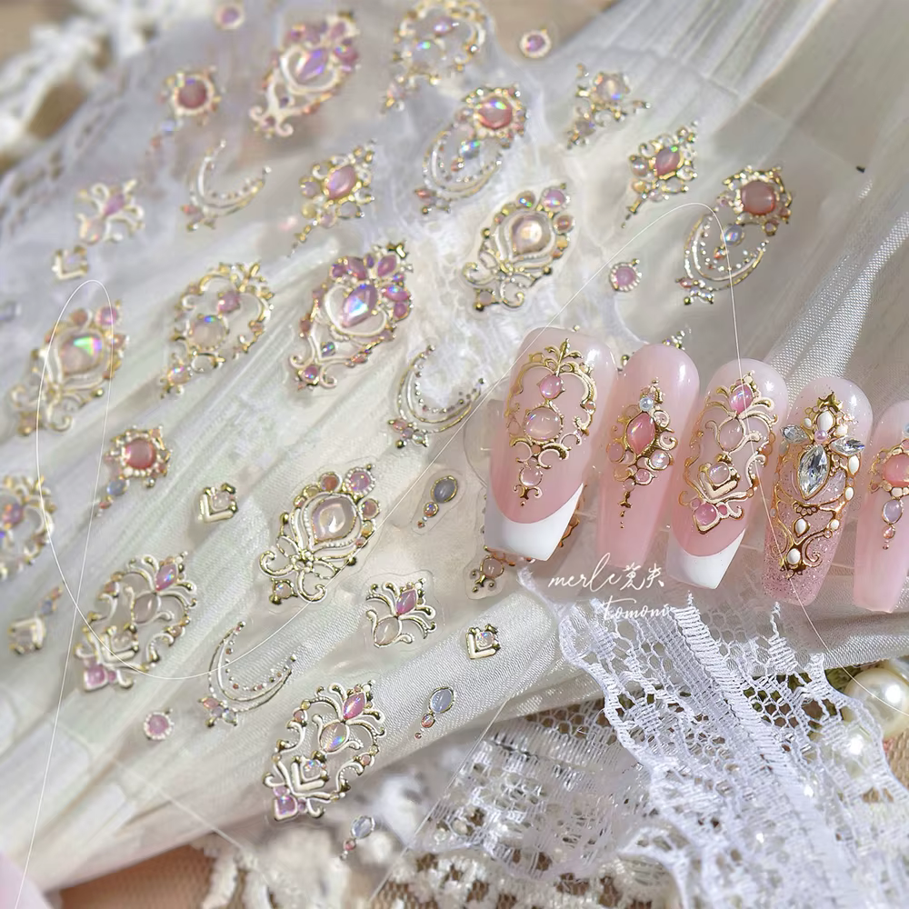 Autocollants pour Nail Art 5D, sceptre doré élégant, magnifique pierre précieuse de luxe, motif cour