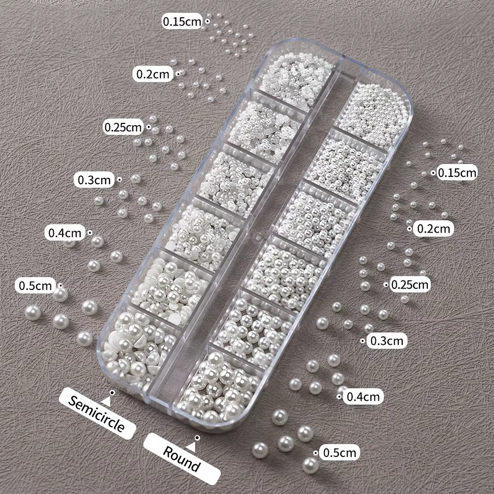 Perles Rondes Blanches pour Ongles, Breloques, 12 Grilles (0.15-0.5cm), Caviar, Bijoux, Demi-Ronde, 