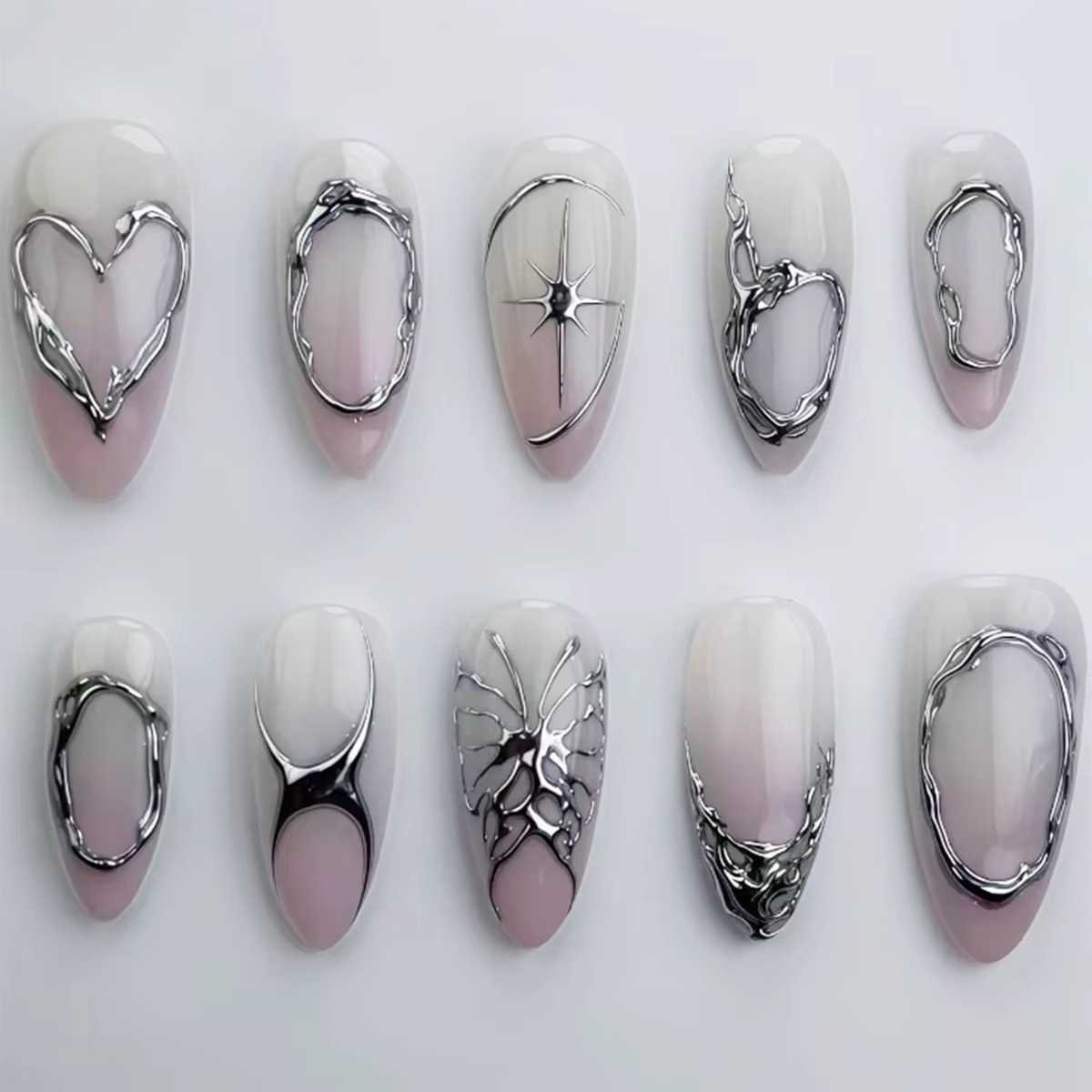 Faux ongles ovales mi-longs à pression en amande bleue, 24 pièces, avec perles 3D, pointes à motif d
