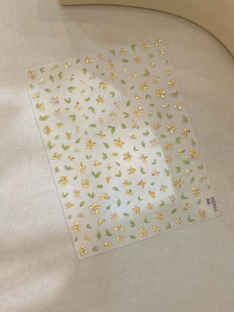 Autocollants pour ongles, feuille verte dorée, fleur, exquitifs, 3D, fleurs à cinq pétales, décorati