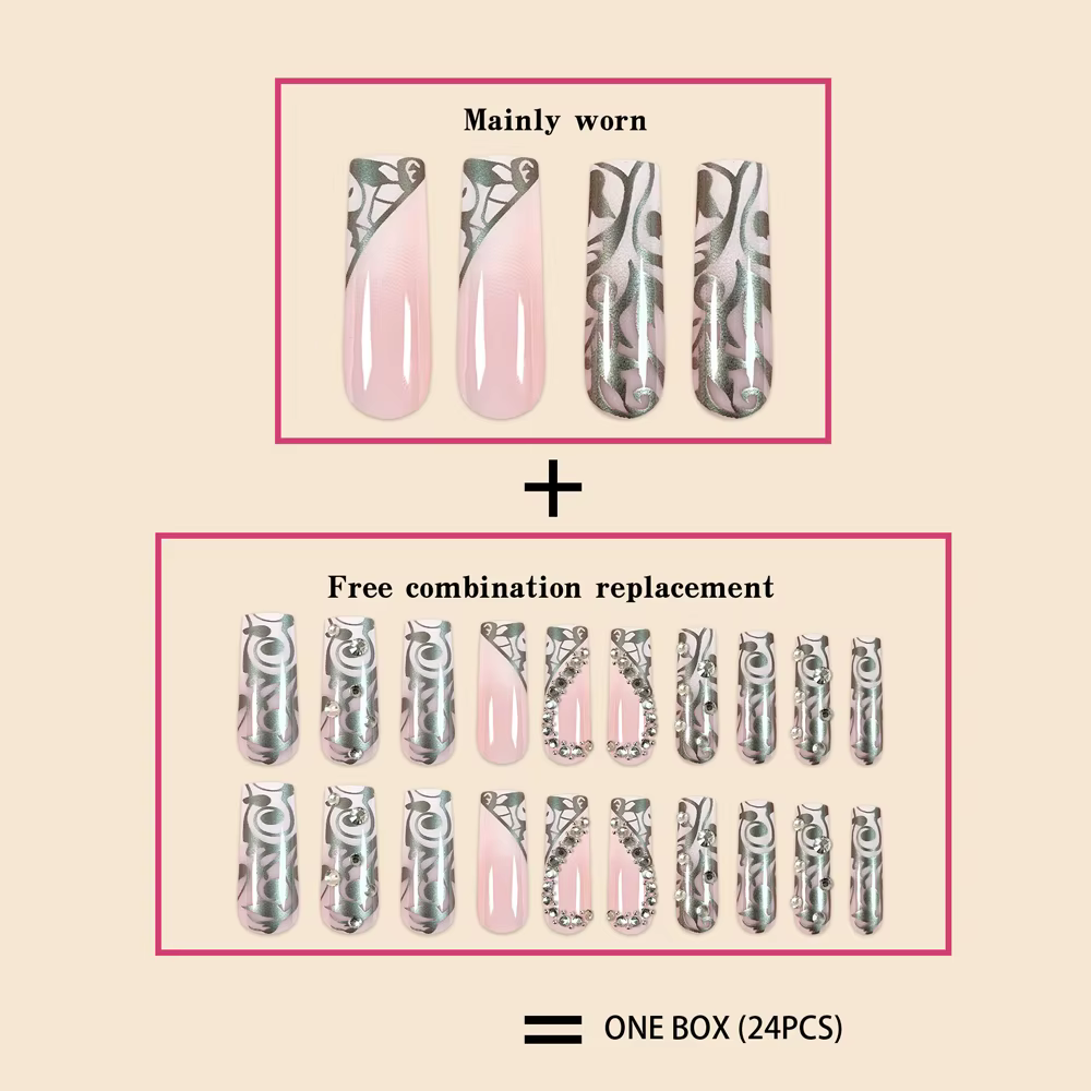 Faux ongles de luxe pour femmes, Super longs, carrés, français, argent, vigne, Patchwork, diamant, c