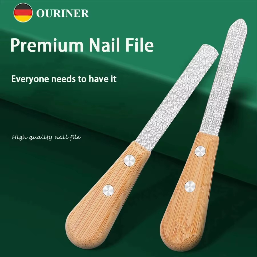 Lime à ongles Double face en acier inoxydable, avec poignée en bambou, outil de polissage des ongles
