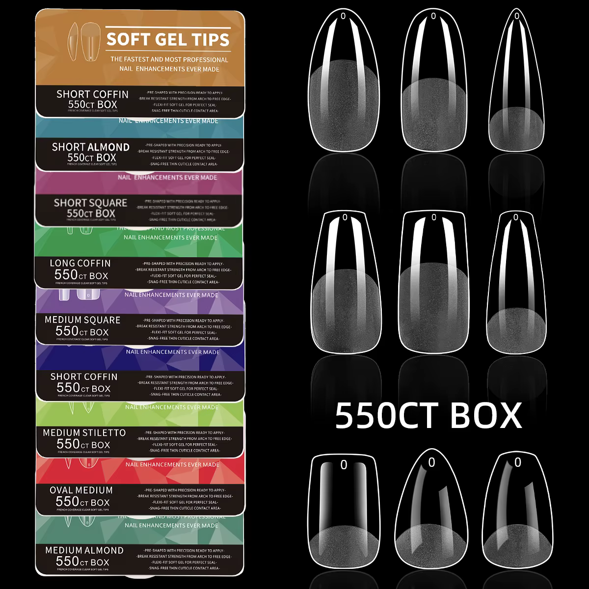 550 pièces pointes d'ongles en Gel souple couverture complète faux ongles conseils pour Extensions d