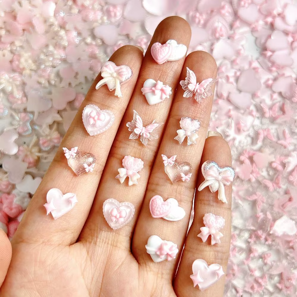 Breloques pour ongles en résine, nouvelle série rose, nœud en forme de cœur, 3D, lumineux, Double pa