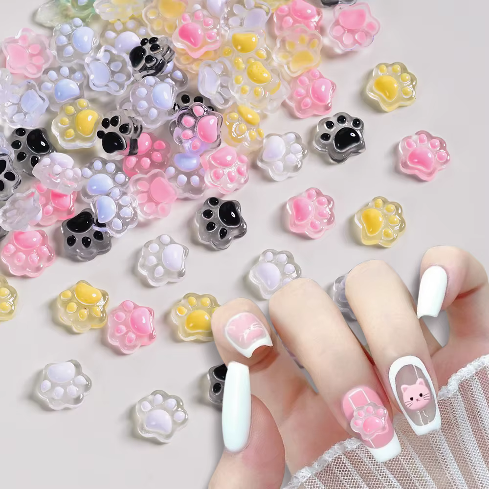 Breloques pour ongles patte de chat lumineuse 3D, 50 pièces, pattes de chat en résine mignonnes Y2K,