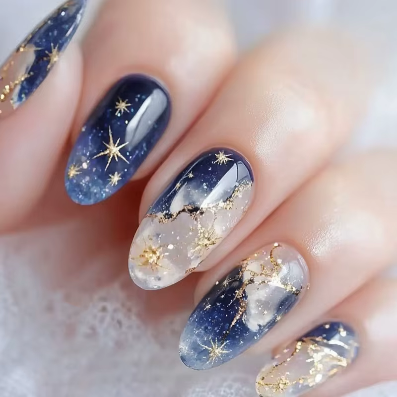 24 faux ongles bleus ondulés avec motif amande, courts, à presser, à porter, tête ronde, ovales, cou