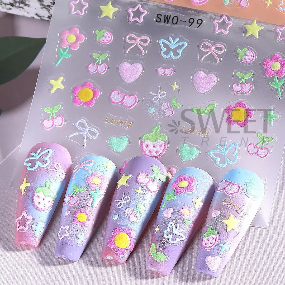 Autocollants pour Nail Art, 2 pièces, élément doux, fleur Simple, cœur, cerise, fraise, décalcomanie