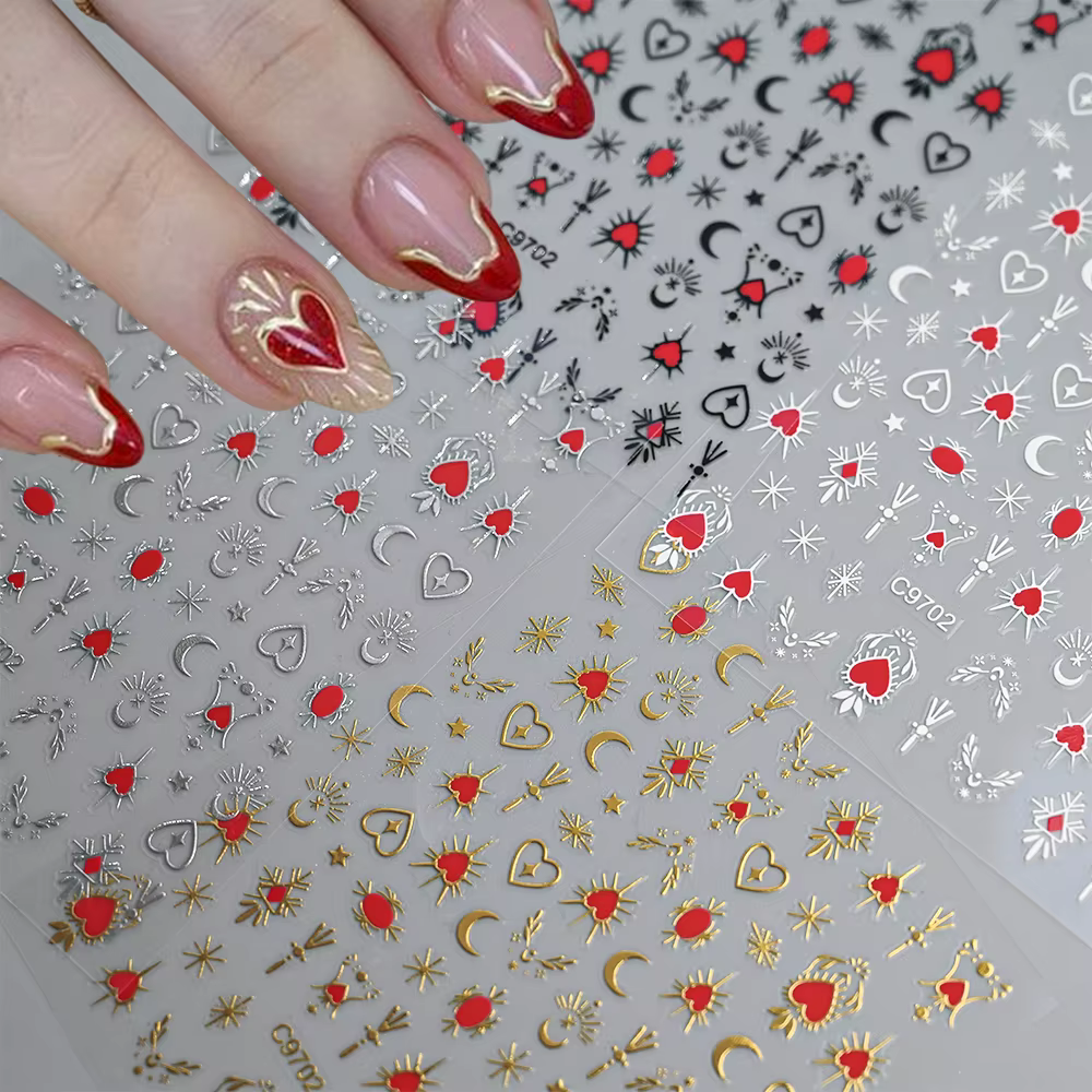 1 pièce Autocollants 3D pour ongles, Cœur d'amour doré bronzant, Y2K, Étoiles holographiques, Soleil