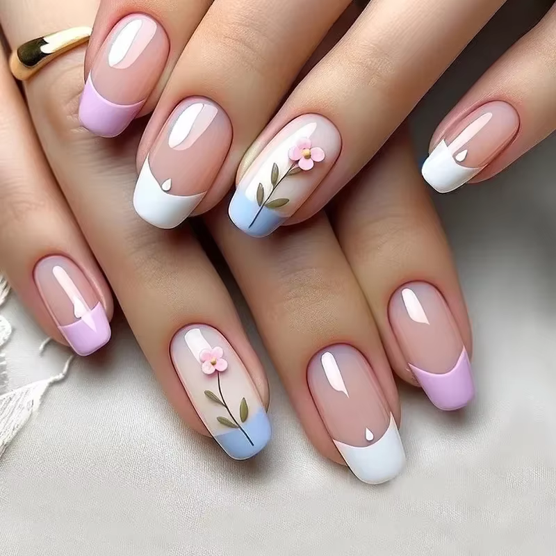 Faux ongles carrés courts et floraux, 24 pièces, avec colle, couleur unie, presse sur ongles en acry