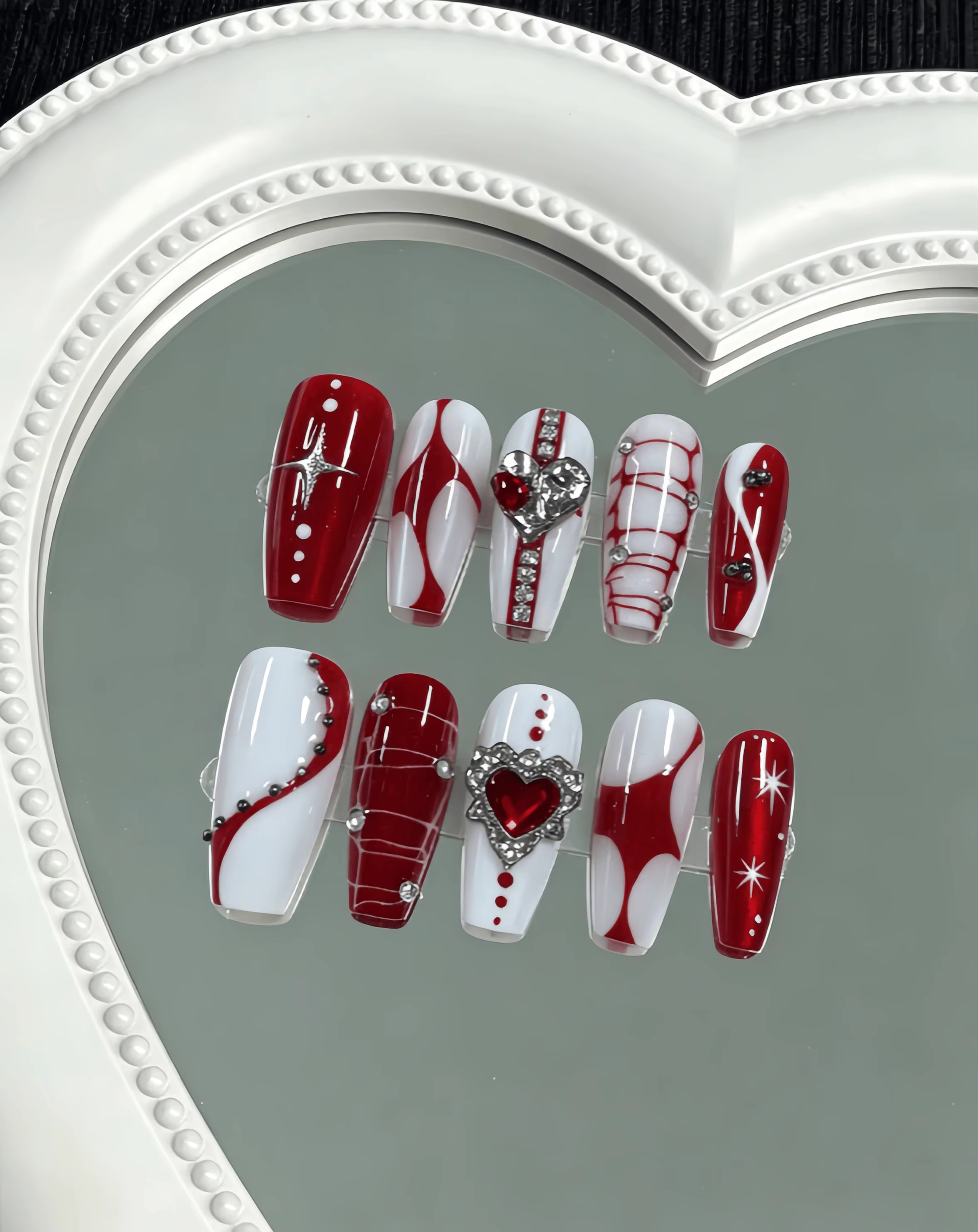 10 pièces d'ongles artificiels faits à la main, longueur moyenne, forme amande, couvrance totale, co