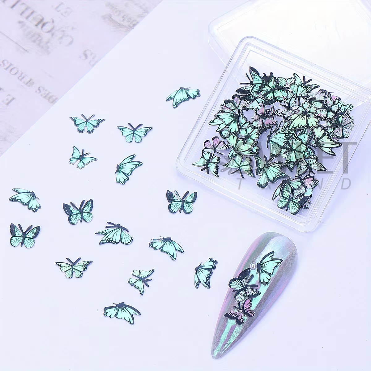 Pâte de bois papillon Laser, décoration d'ongles, ailes holographiques, Design, bijoux d'été, flocon