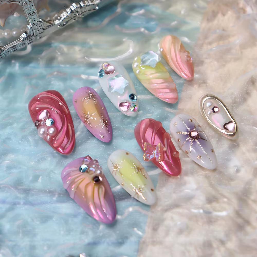 10 pièces presse à la main sur les ongles 3D coloré été mer étoile de mer conçoit faux ongles patchs