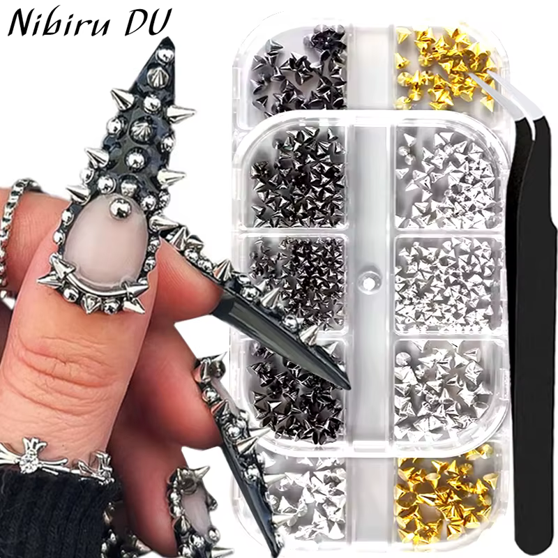 Rivets pour ongles Punk, 6 grilles, pointes, goujons métalliques, cône rond or/argent/noir, breloque