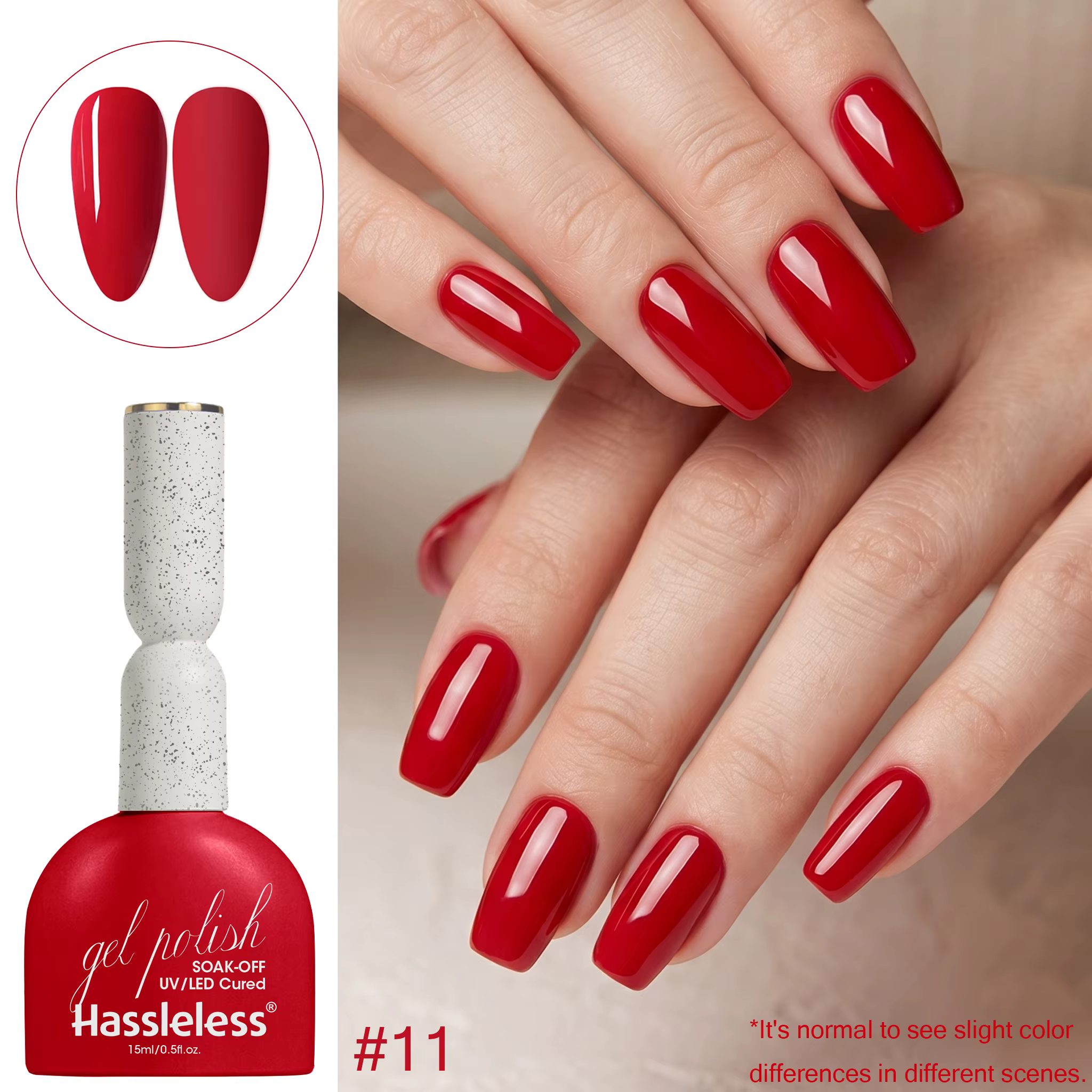 Vernis à ongles gel rouge classique Hassleless 15 ml, séchage UV/LED, couleur rouge polyvalente long