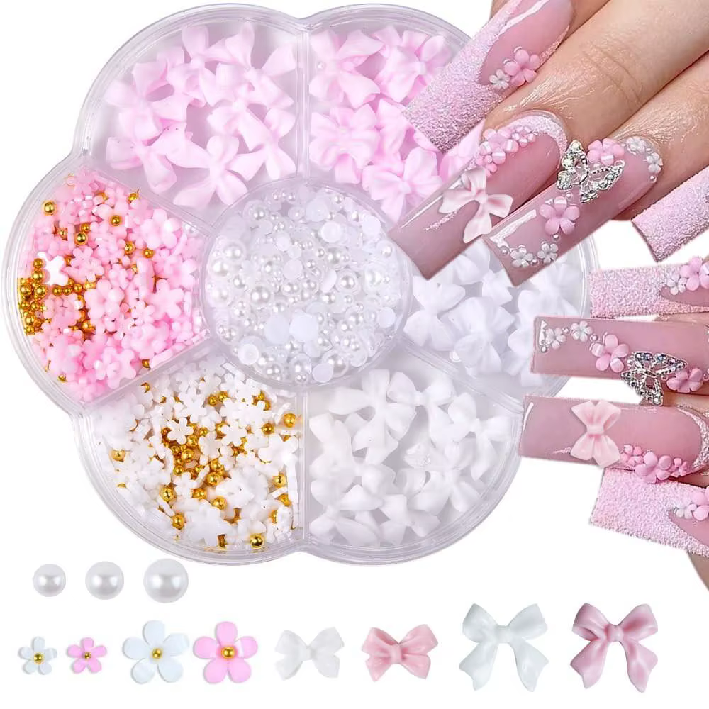 Breloques et pierres 3D pour ongles, nœuds mignons, fleurs, styles variés avec strass, à dos plat po