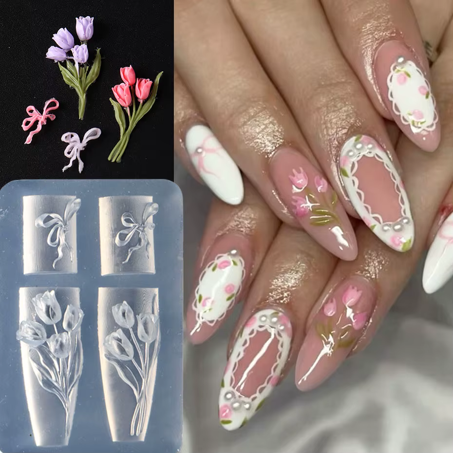 5D tulipe bouquet ongles breloques moule en Silicone doux nœud papillon conception sculpture Art rés