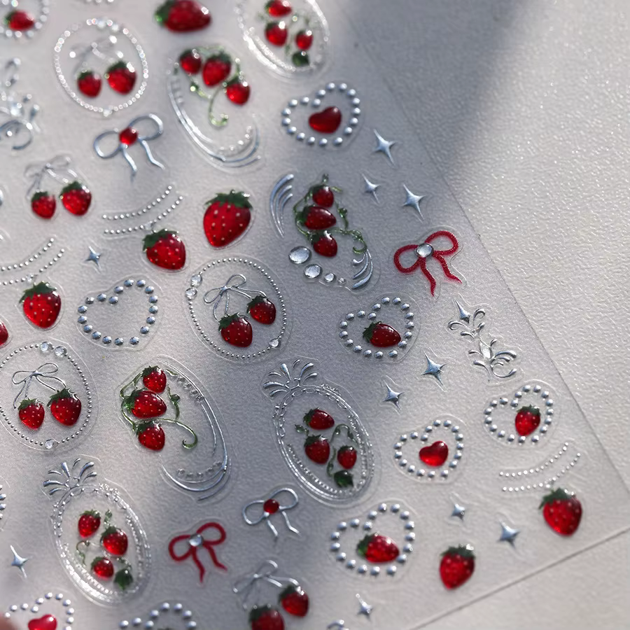 Autocollants 5D pour Nail Art, Fruits frais, fraise, cerise, nœud papillon, cœur d'amour, citron, dé