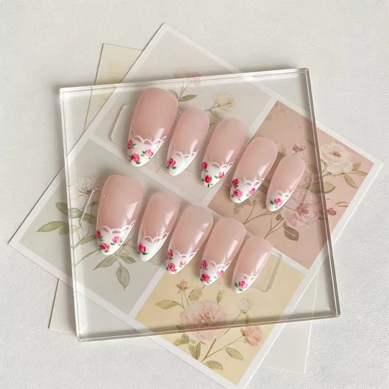 10 faux ongles à presser faits main en dentelle rose, style Coquette, motif floral français, forme a