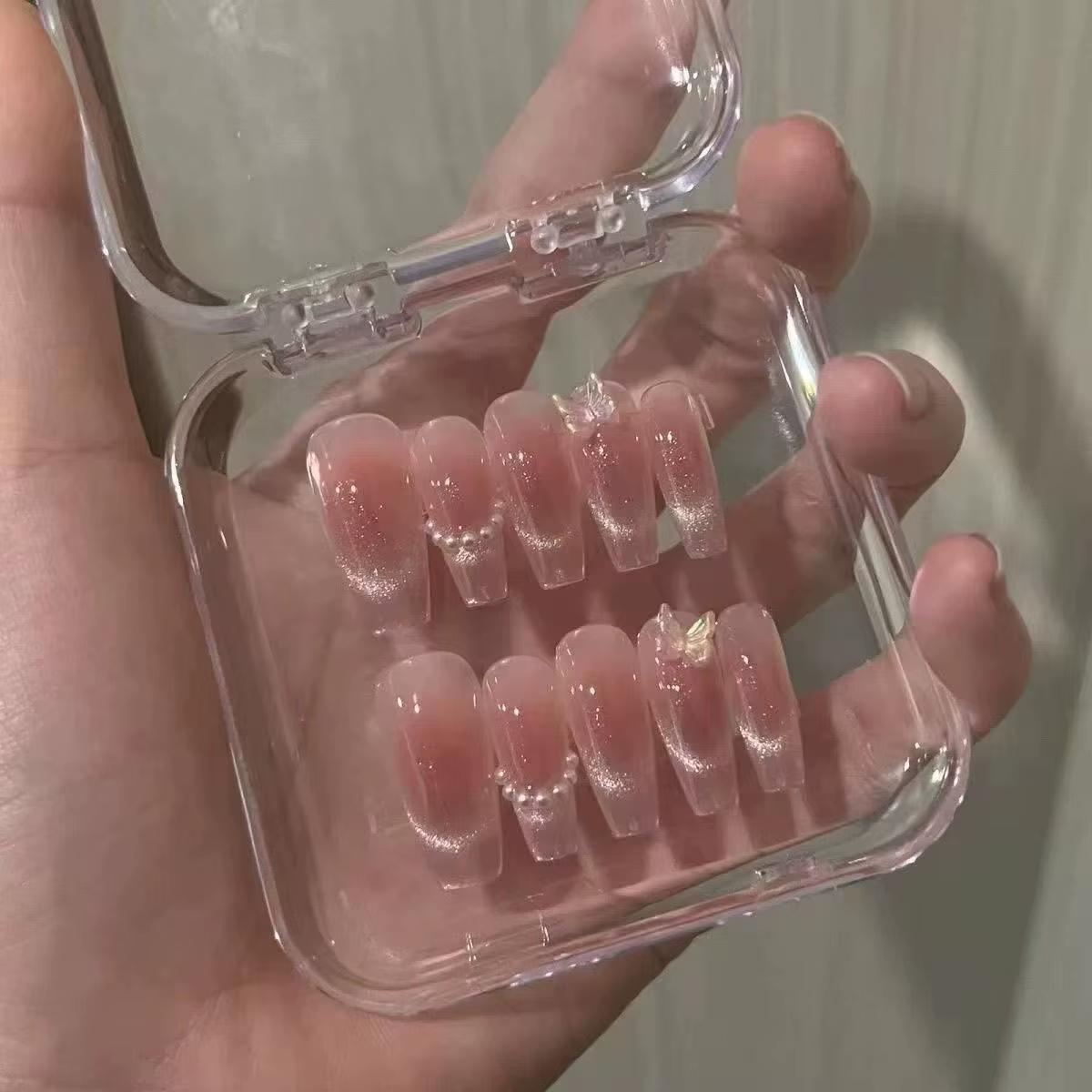 10 pièces de faux ongles à presser papillon rose, effet œil de chat, blush, faits à la main, pour fe
