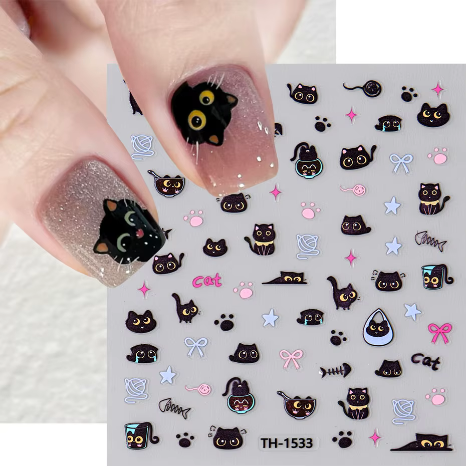 Autocollant pour ongles motif chat noir Kawaii, décalcomanies à faire soi-même, motif griffe rose, j