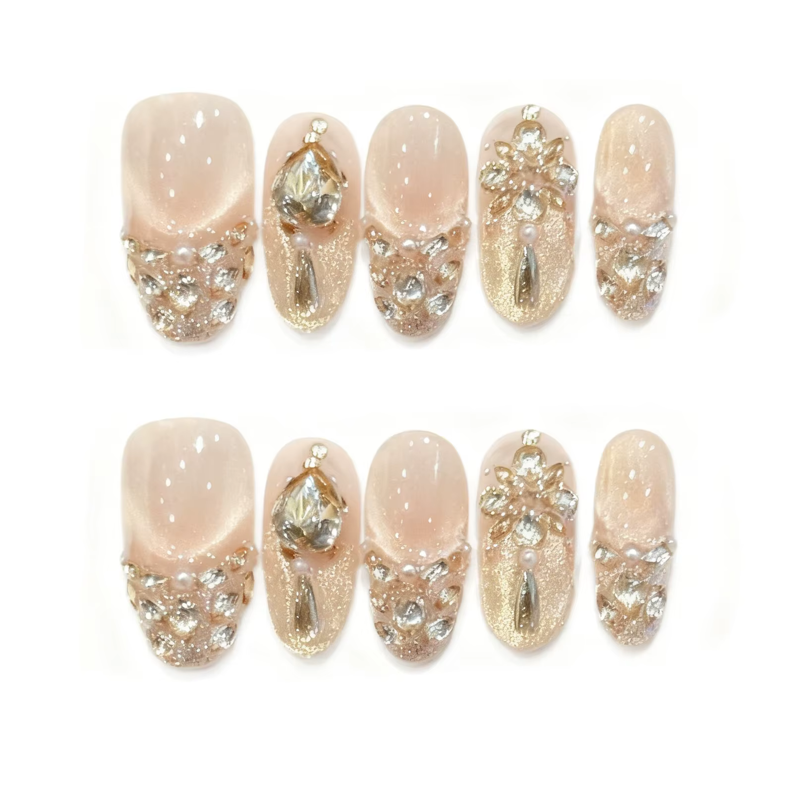 Faux ongles de luxe à pression avec strass en or rose, 10 pièces, faits à la main, à paillettes, ave