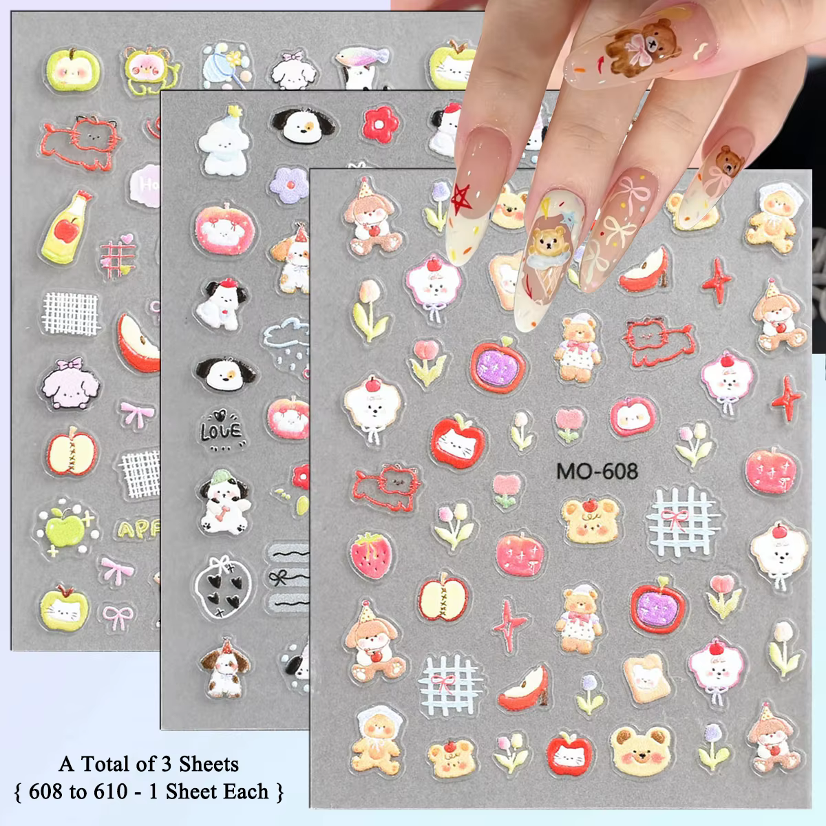3/6/12 feuilles de stickers pour ongles 5D en gel gaufré auto-adhésifs, motifs animaux mignons et nœ