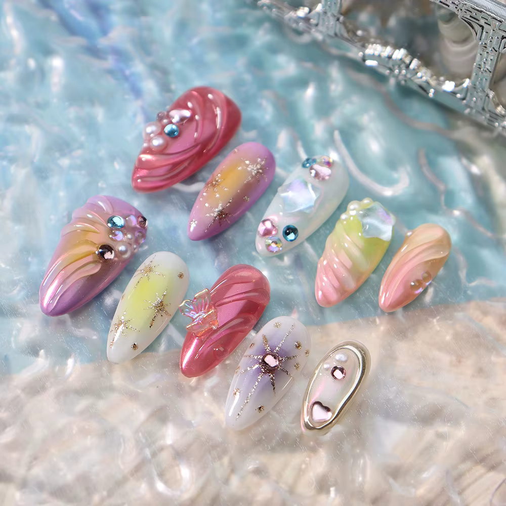 10 pièces presse à la main sur les ongles 3D coloré été mer étoile de mer conçoit faux ongles patchs