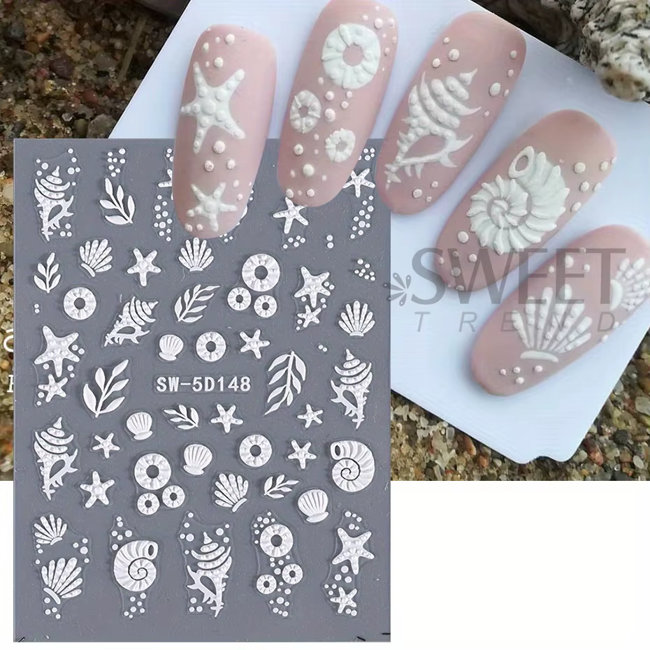 Autocollants pour ongles 5D méduse, plage d'été, coquille blanche, étoile de mer, vis adhésive, curs