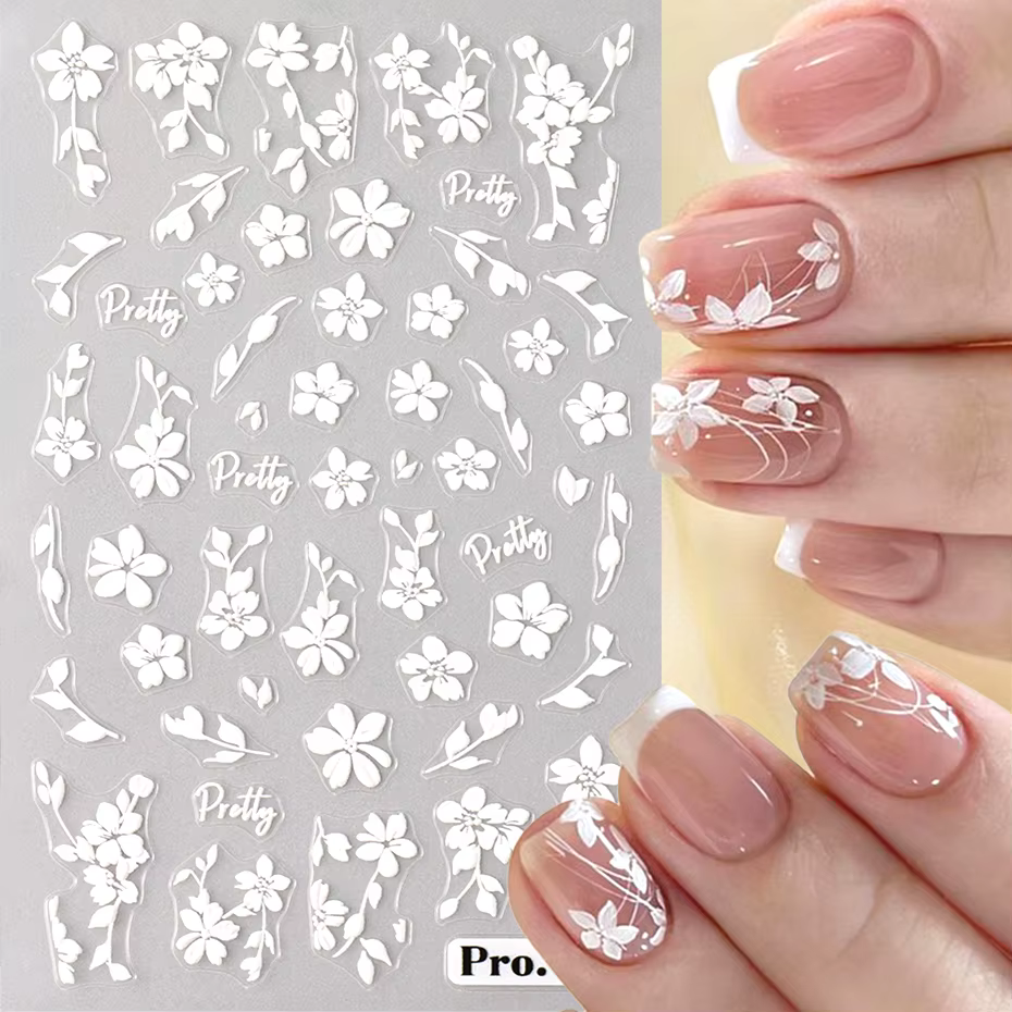Autocollants 3D pour Nail Art, 2 pièces, fleurs blanches, feuilles de fleurs Sakura, décorations d'o