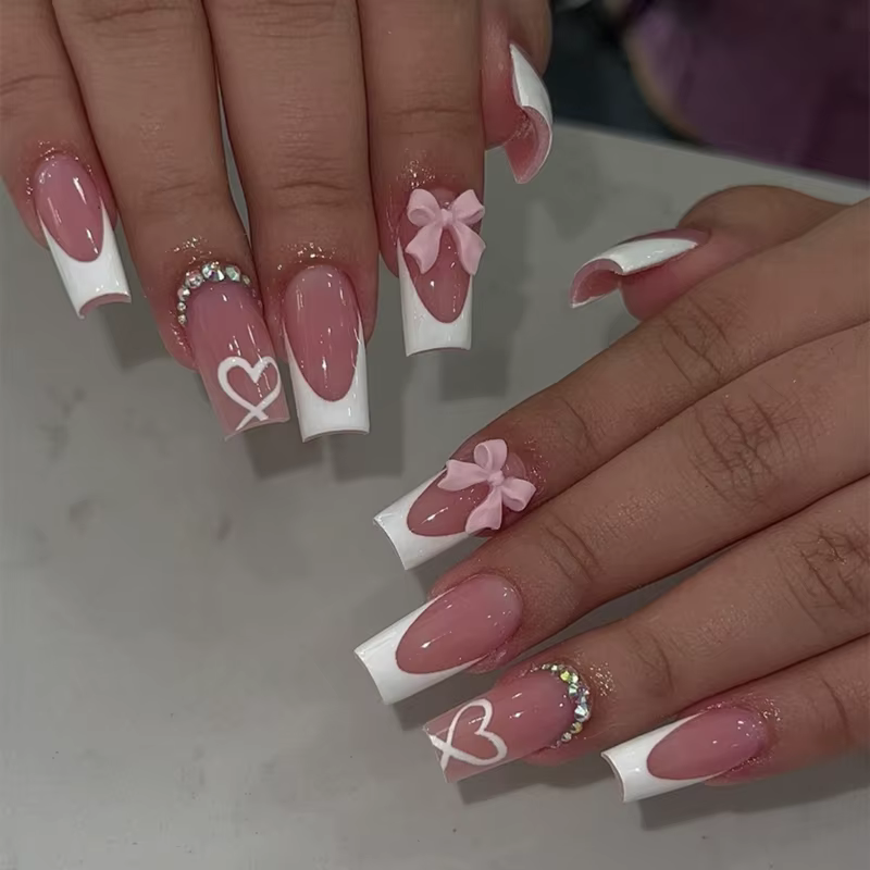 24 pièces nœuds nus embellis à pression sur les ongles, couverture complète, pointe française moyenn