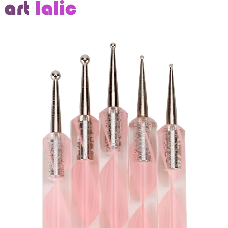 5 pièces 2 voies Nail Art acrylique Silicone pointe fleur stylo à ongles en acier inoxydable outils