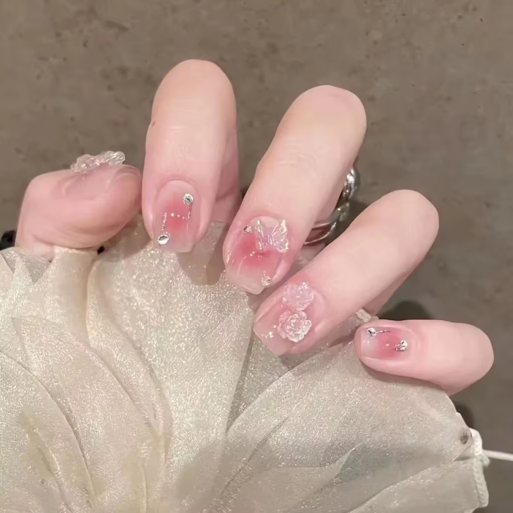Aurora Bow camélia fait à la main Nail Art doux pêche Blush faux ongles courts portables ongles fill
