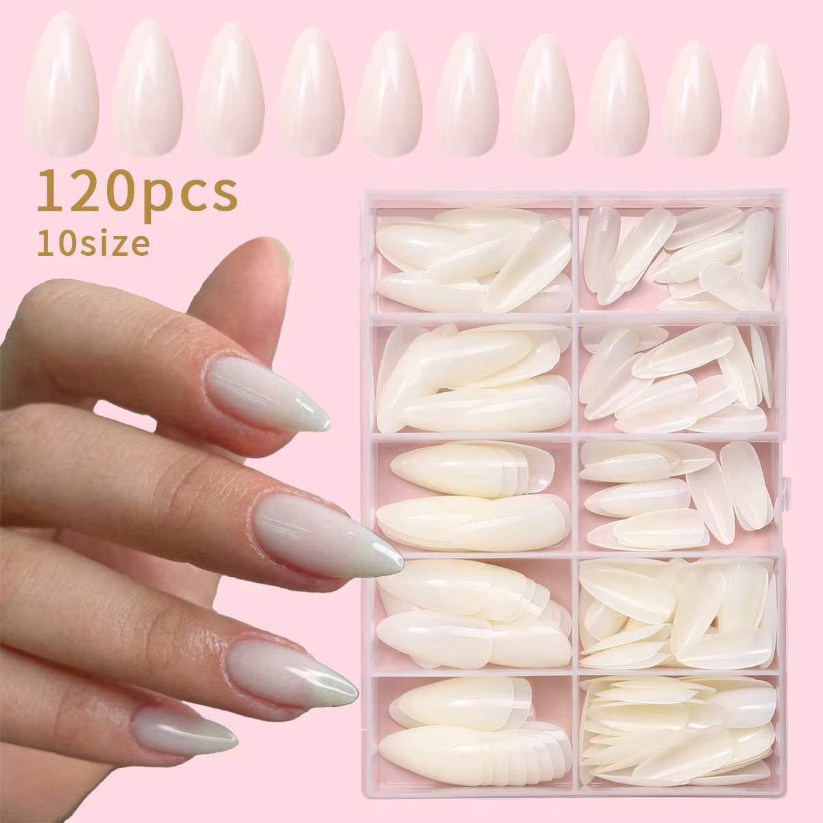 120 pièces blanc laiteux moyen amande Gel faux ongles naturel Simple brillant pur blanc presse sur o
