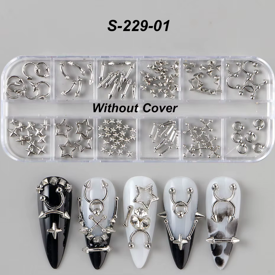 Breloques pour ongles en alliage Punk doré argenté Y2K, 12 grilles, Rivets métalliques, Rivets percé