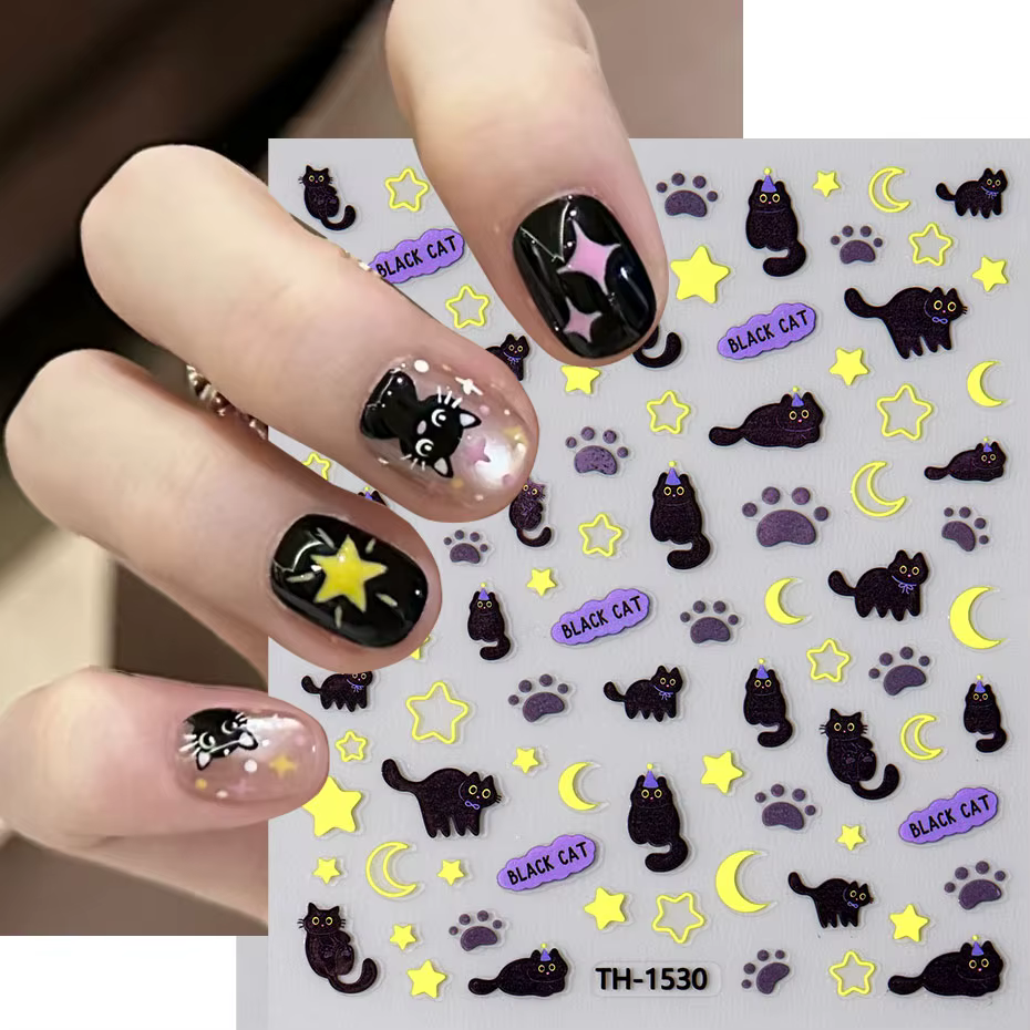 Autocollant pour ongles motif chat noir Kawaii, décalcomanies à faire soi-même, motif griffe rose, j