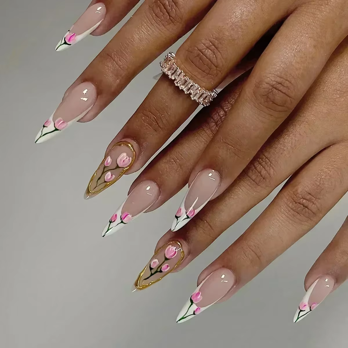 Faux ongles français à pression aiguille rose cerise, longs, avec nœud 3D, Design de perles, pointes