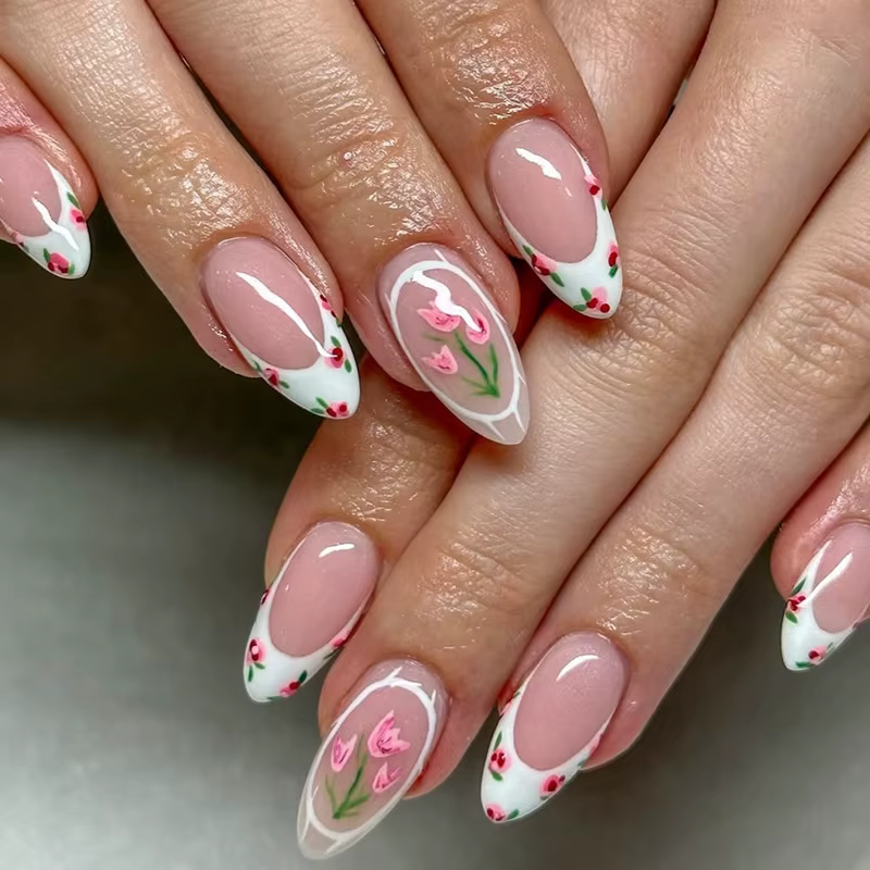 24 faux ongles en amande rose dégradé à presser avec perles et strass, motif nœud floral, couverture