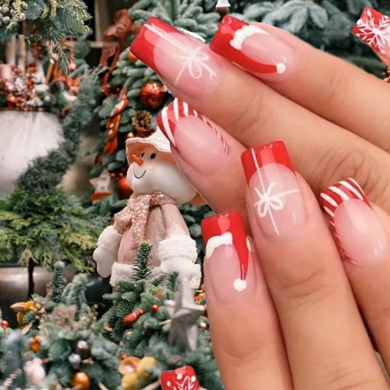 Lot de 24 faux ongles cercueil en acrylique à presser, motif rayé rouge et blanc, style French, pour