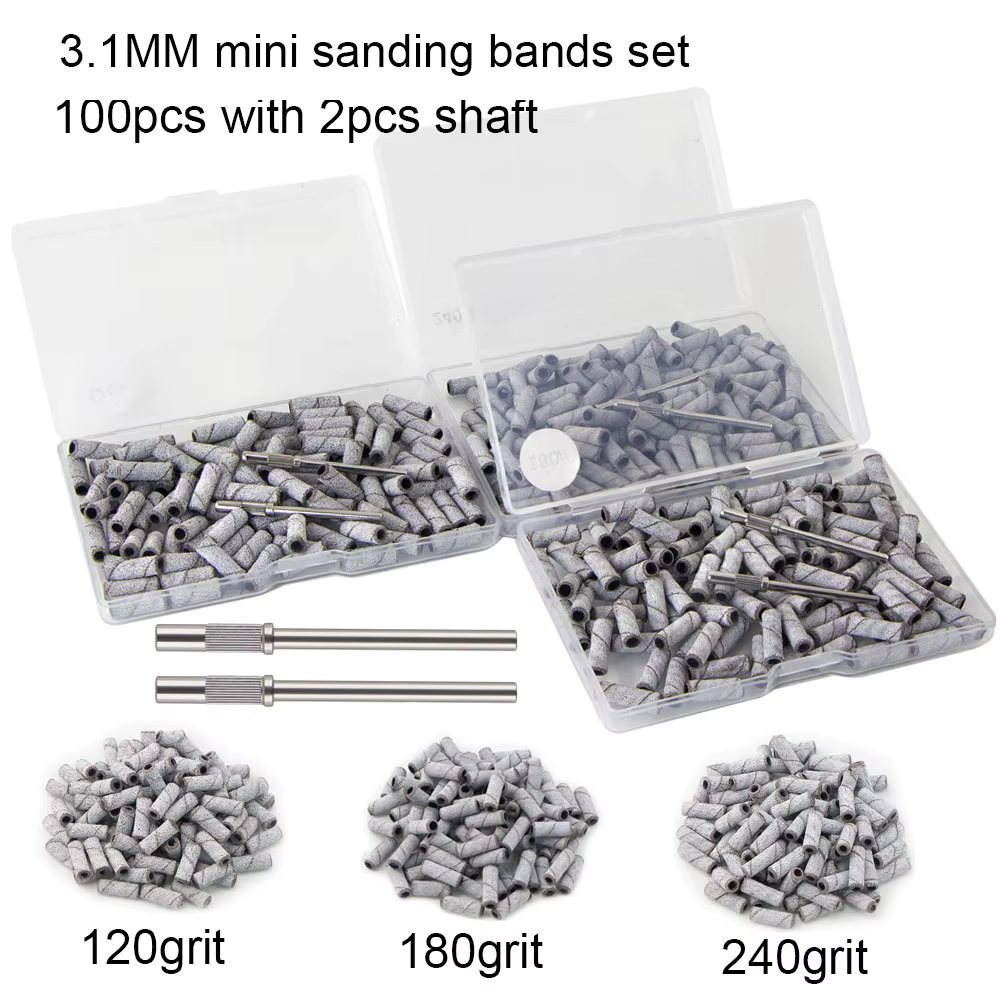 100 pièces 3.1mm Mini petites bandes de ponçage avec 2 pièces jeu d'embouts de mandrin forets à ongl
