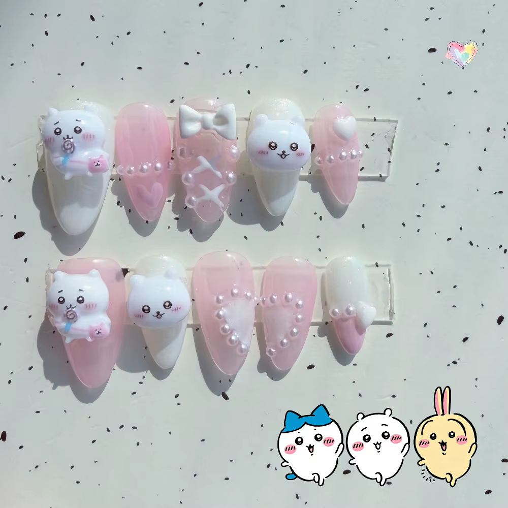 Ongles press-on Chiikawa, mignons, 3D, dessin animé, faux ongles rose et blanc, kawaii, nail art pou