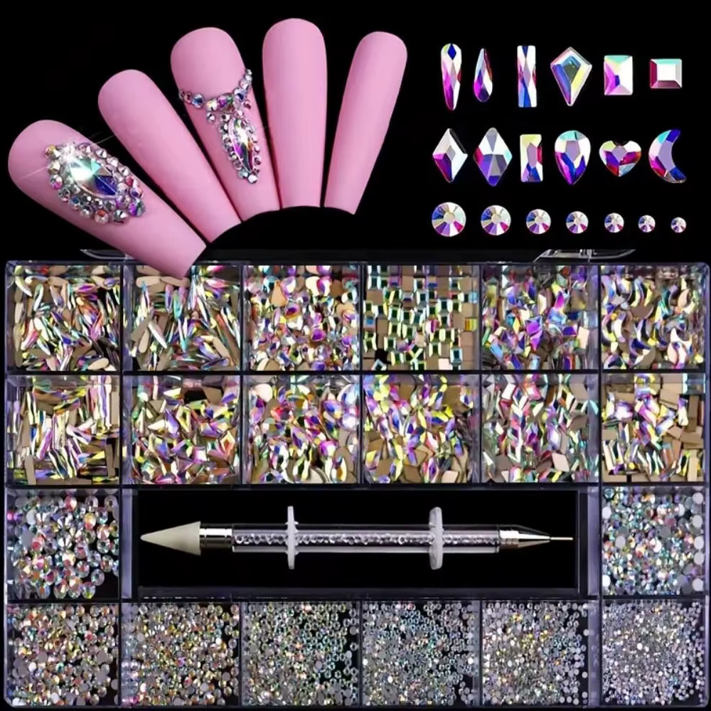 2500 pièces verre cristal diamant Nail Art strass 21 grille boîte bijoux de luxe gemmes ongles charm