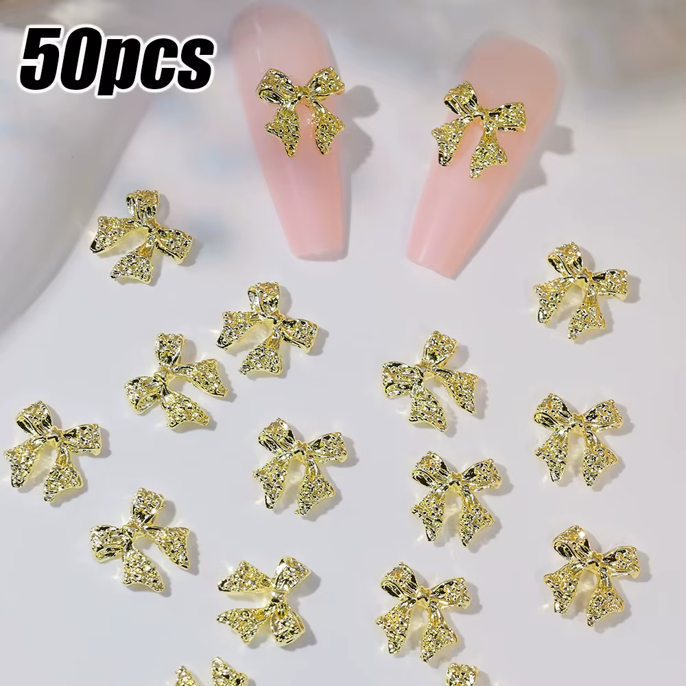 Breloques 3D en Métal Brcorporelle pour Ongles, 50 Pièces, 10.5x11mm, Alliage Or, Argent, Ruban, Nai