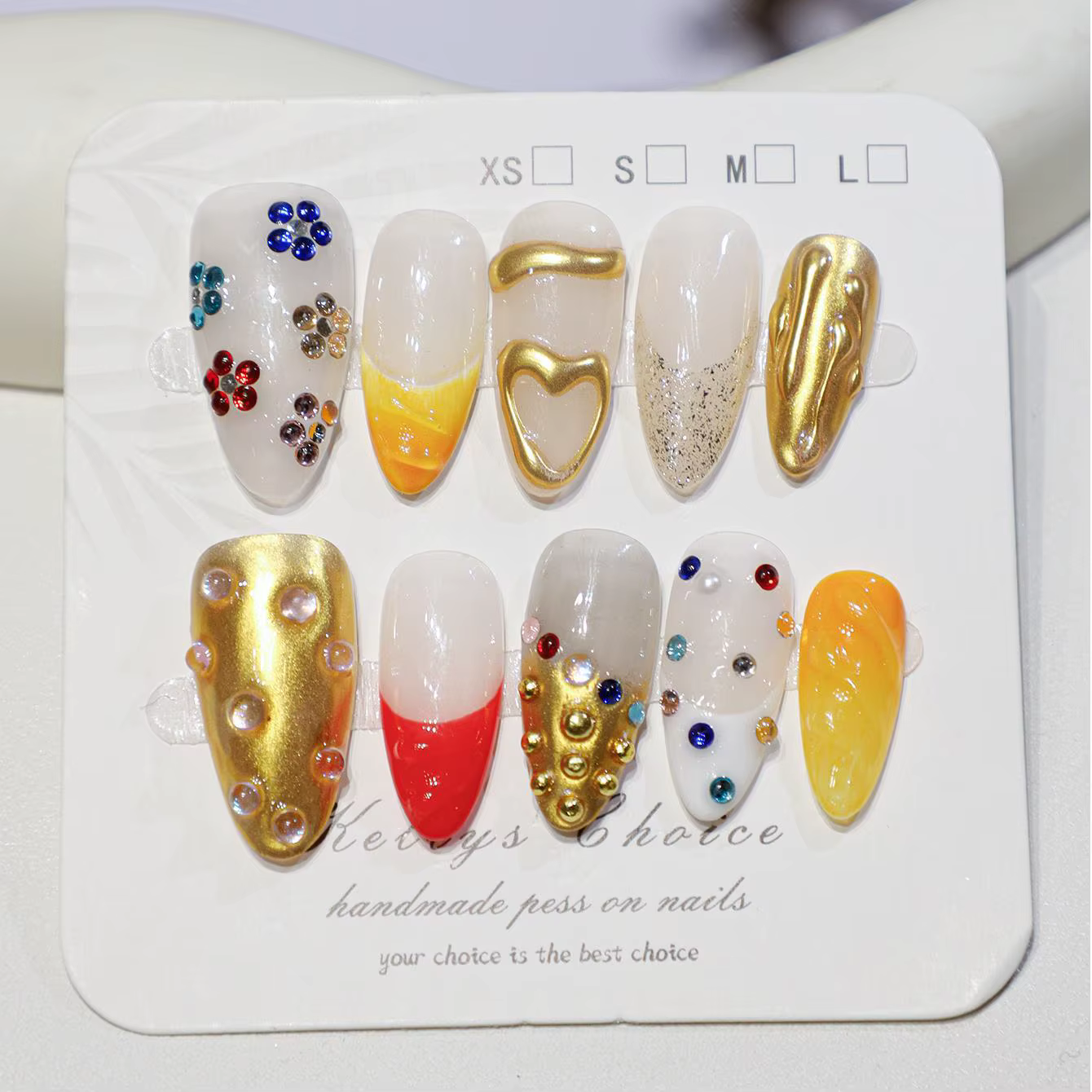 10 pièces arc-en-ciel couleur baroque diamant Design faux ongles à la main presse sur les ongles lum