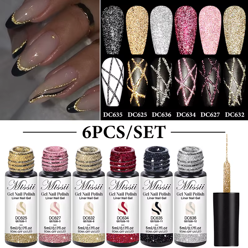 2/4/6 pièces réfléchissant paillettes Liner Gel vernis à ongles ensemble tirer ligne Graffiti peintu