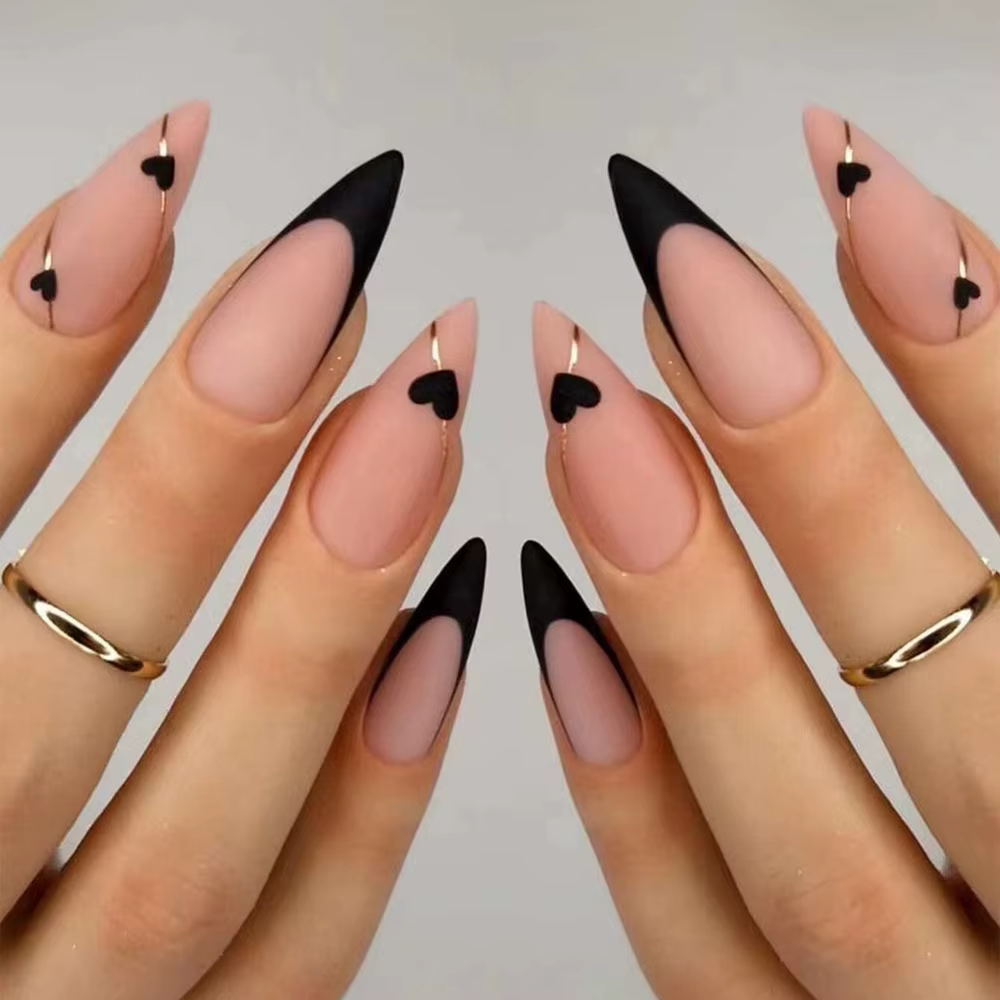 Faux ongles en amande à bord français noir, 24 pièces, avec motif cœur et ligne, faux ongles en acry