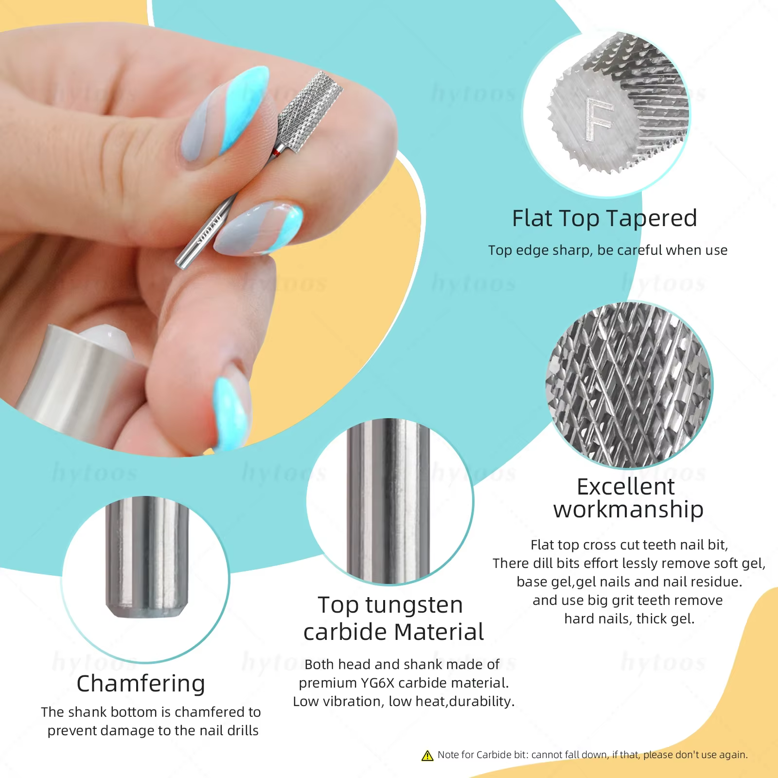 HYTOOS-Foret à ongles conique à dessus plat, forets à ongles en carbure de tungstène à 2 voies, acce