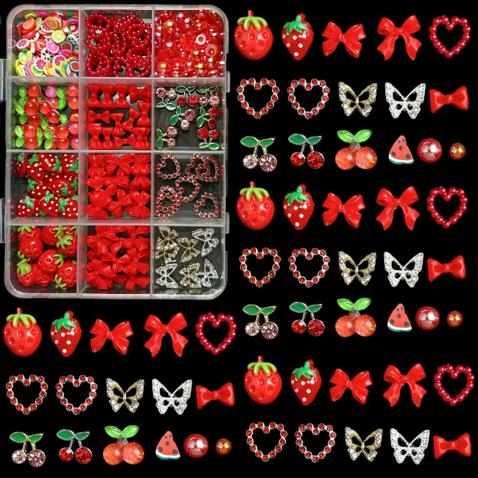Breloques 3D cerise rouge/fraise/arc pour Nail Art, 12 grilles, alliage papillon/amour/ruban Y2K, dé