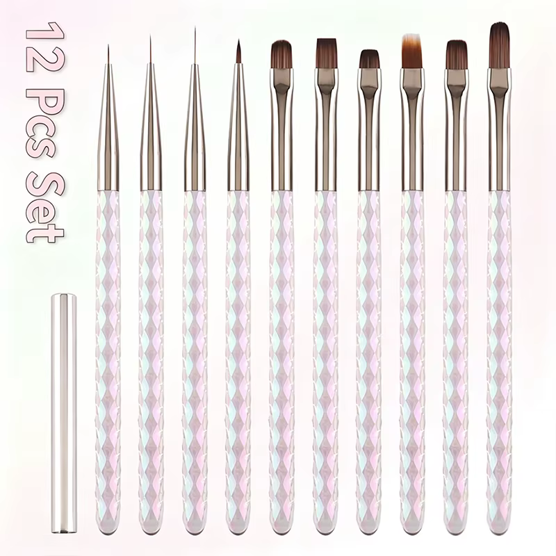 Lot de 10 pinceaux à ongles en acrylique transparent Aurora Rhombus, poils doux, pour gel UV, liner,