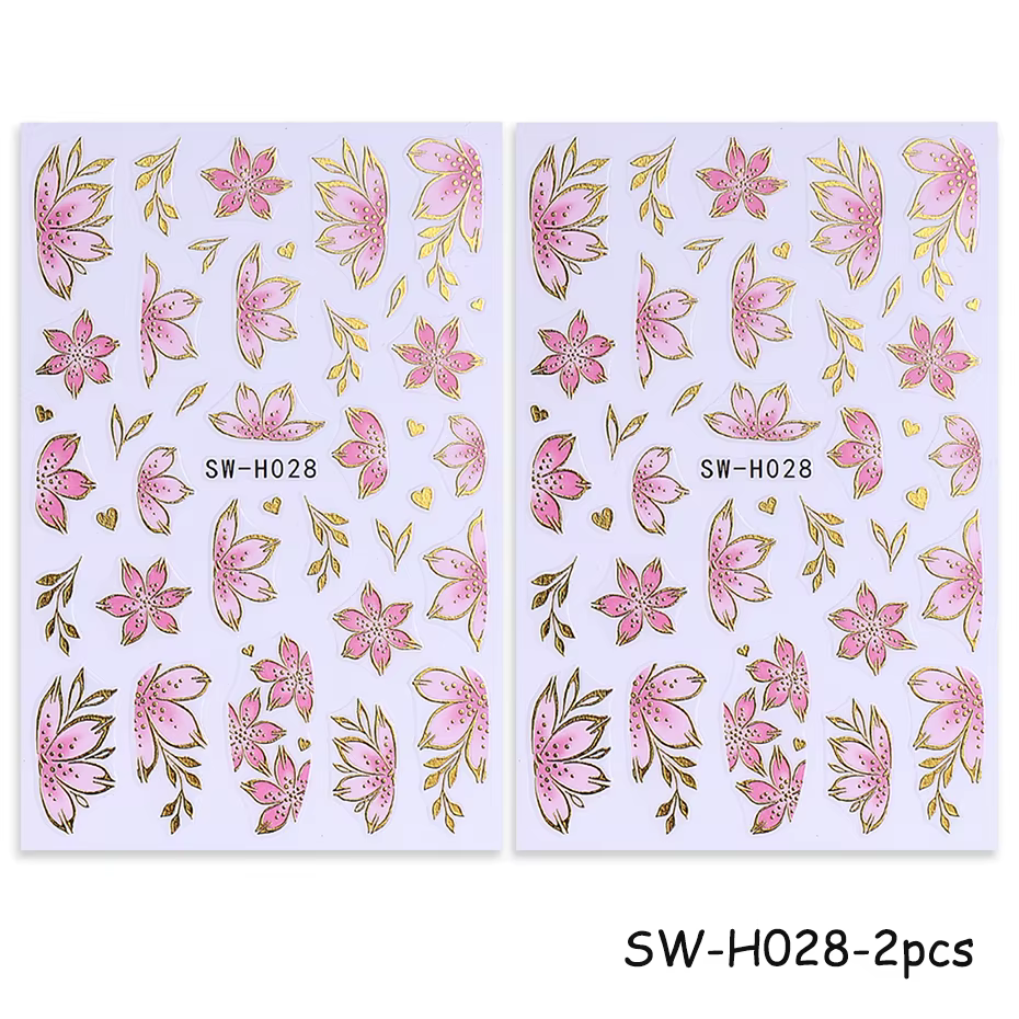 Autocollants pour ongles fleur d'hibiscus rose doré, 2/3 pièces, pétales de bordure bronzants 3D, cu