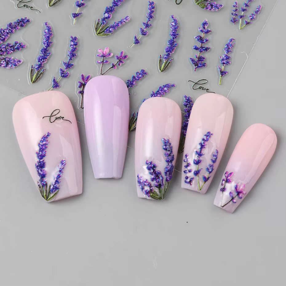 Autocollants pour ongles en relief 5D, 2 pièces, fleurs de lavande élégantes, fleurs lumineuses, aut